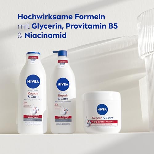 NIVEA Body Lotion Repair & Care, Körpercreme für sehr trockene Haut & zur Linderung von Spannungsgefühlen, Körperlotion mit Glycerin, Niacinamid & Provitamin B5 (400 ml)
