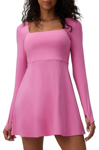 Square Neck Long Sleeves Tennis Dress One Piece Exercise Dress with Built-in Bra
