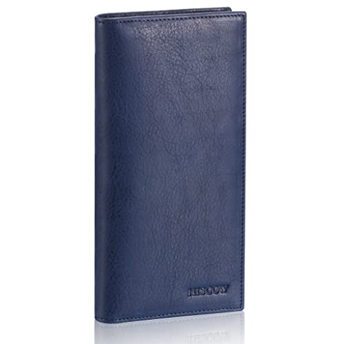 Image of HISCOW Full Grain Leather Men's Long Wallet, 15 Card Slots, Aniline Blue | Gusseted bill compartment, tall bifold design, clear ID window, ideal for coat pockets or briefcases, turned-edge, gift box