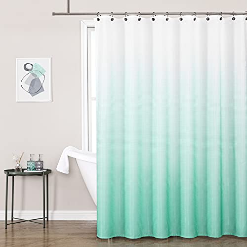 WEST LAKE Waffle Fabric Shower Curtain Aqua Ombre Decorative Spa Bathroom Shower Curtain with Grommet No Hook Water Resistant Machine Washable,Gradient White to Aqua Blue 70