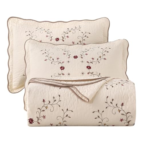 vctops Elegant Floral Embroidered Quilt Set Oversized Queen, 100% Cotton Reversible Quilted Bedding Set with Scalloped Edge, Soft and Lightweight Bedspread Coverlet with 2 Pillow Sham (Rose,98