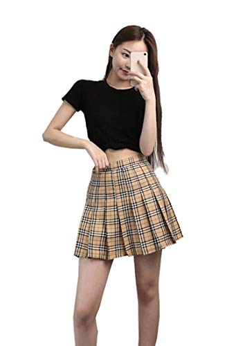 Girl's School Uniform Plaid Pleated Costumes Skirts (M, Yellow Mixed White)