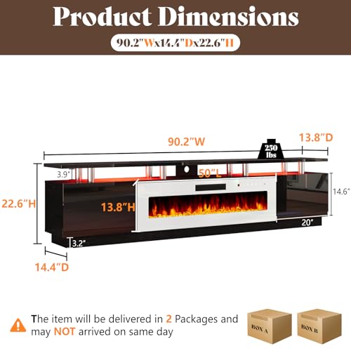 Image of AMERLIFE 90 inch High-Gloss Fireplace TV Stand with 50 inch Electric Fireplace | Black /White LED TV Console, Modern Living Room Entertainment Center, Fits TVs up to 100 inch, 2 Cabinets, 2-Tier Storage Space