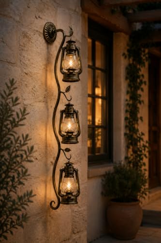 Image of Long Vintage Triple Lantern Wall Light | Antique Brass Decorative Wall Sconce | Rustic Hanging Lantern Wall Lamp | Cafe, Hotel, Farmhouse & Vintage Home Decor with Filament Bulb