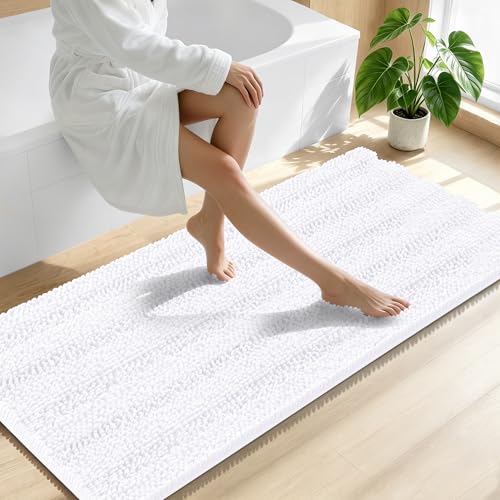 Image of Smiry Thick Chenille Bathroom Runner Rugs 59x24, Absorbent Striped Bath Mat, Machine Washable, Rubber Backing, Extra Long Bath Rugs for Tub & Shower, Modern Home Decor Accessories, White
