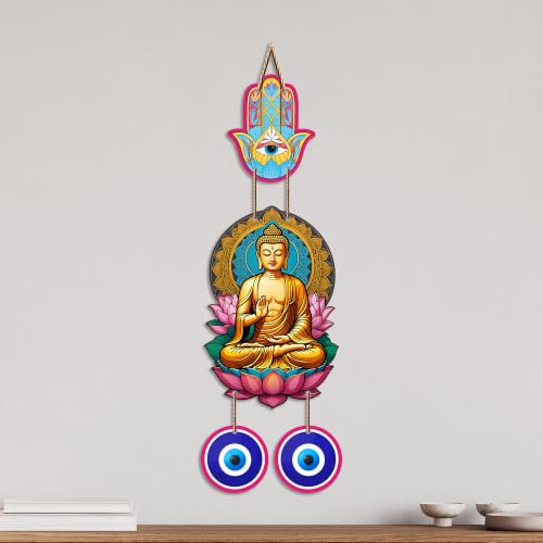 Image of Artvibes Buddha Lotus Wall Hanging with Hamsa Hand & Evil Eye Charms | Decorative Spiritual Hanging for Positive Energy | Wooden Home Decor for Living Room | Office | Religious Art Gift (WH 8597N)