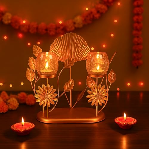 Image of MARKET 99 Metal+Glass 2 Votive T- Light Holder | Elegant Home Decor for Diwali, Christmas, Birthday, and Wedding | Decorative Candle Holder for Ideal for Festive & Ambient Lighting | Golden
