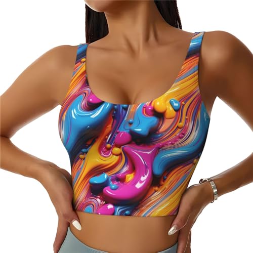 Abstract Blue Yellow Texture(1) Print Sports Bras for Women, Built in Bra Athletic Workout Crop Tank Tops for Women