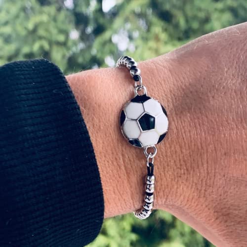 Soccer Bracelet, Soccer Jewelry, Adjustable Silver Beads on Black Strings Soccer Bracelet, Soccer Gifts For Women3