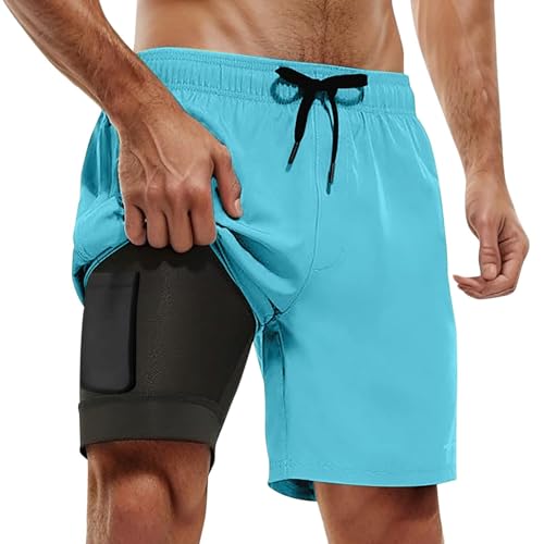 Genérico Bañador para Hombre con Forro de compresión y, Pantalones Cortos, Traje de baño con Bolsillos (Light Blue, M)