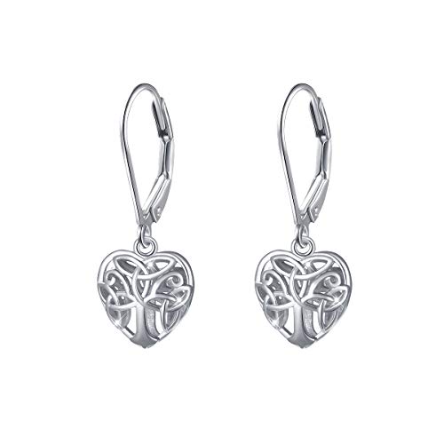 S925 Sterling Silver Celtic Knot Tree of Life Heart Dangle Drop Clasp Earrings for Women