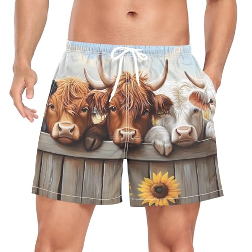 Cows Fence Cute Sunflower Mens Swim Trunks with Liner, Cool Quick Dry Beach Swim Shorts, Swimwear Bathing Suits S