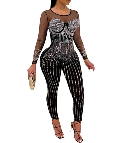 Image of Jigfar Women Sexy Embellished Rhinestone Bodycon Jumpsuit Mesh See Through Patchwork Birthday Party Night Out Clubwear