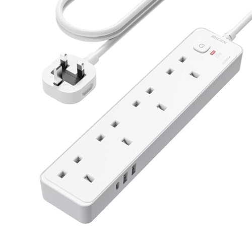 Mscien 1.8M Extension Lead with USB Slots, 4 Way Surge Protected Heavy Duty, UK Power Strips Wall Mount with 2M Extension Cable Cord, 4 Plug Extension Socket with 2 Metres, 3250W