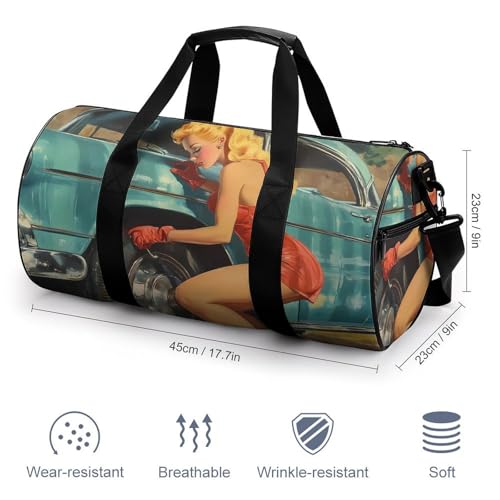 1950s Vintage Pin-up Fixing Flat Tire Unisex Gym Bag Travel Duffel Bags Overnight Sport Tote with Compartment for Weekender Vacation2
