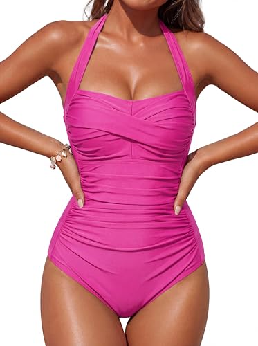 Image of Smismivo Tummy Control Swimwear Halter One Piece Slimming Vintage Retro Swimsuit Womens Ruched Push Up Bathing Suit