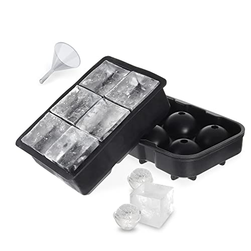 Vzaahu Bandeja de cubitos de hielo, paquete de 2 unidades, silicona negra, reutilizable, sin BPA, esfera y molde cuadrado con tapa, juego combinado de bolas de hielo para whisky, café helado, cócteles Cover