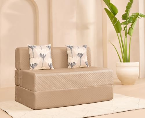 Image of uberlyfe Xtra High, Xtra Soft 2 Seater (4' x 6') Sofa Cum Bed | 1 Year Warranty | 17 inch Sofa Height |Twin Size Foldable Bed | Plush Laser Quilted Fabric |2 Cushions Bloom Pattern | Champagne Beige Color
