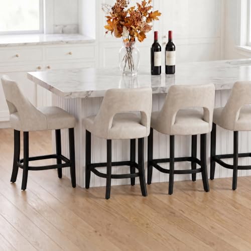 Image of UVV Bar Stools Set of 6, Modern Upholstered Counter Height Bar Stools, Faux Leather Counter Stools BarStools with Wood Legs for Kitchen Island Dining Room Bar, Beige