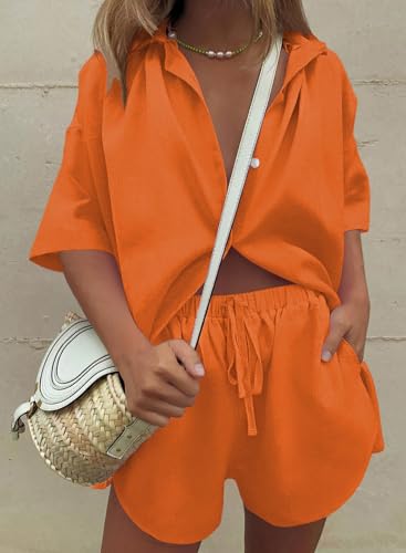 Image of Fixmatti Women 2 Piece Outfits Long Sleeve Button Down Blouse and Shorts Sweatsuit Sets