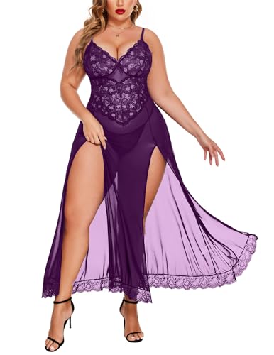 Image of Avidlove Plus Size Lingerie for Curvy Women Long Lace Babydoll Nightdress | V neck sheer mesh nightgown,g-string included,high side slits,adjustable straps,curve-flattering fit,maternity photoshoot