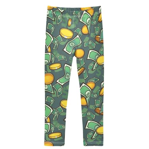 Girls' Leggings Money Pattern Golden Coin Bill Ankle Length Printed Leggings Comfort Pants for Kids 4-10 Years