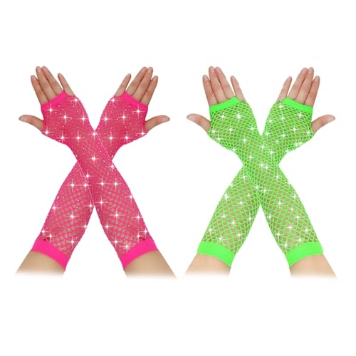 Gants Fluorescents Années 80 - Paires Résilles Rose En Strass, Longs, Verts Pour Robe Fantaisie, Accessoires De Party