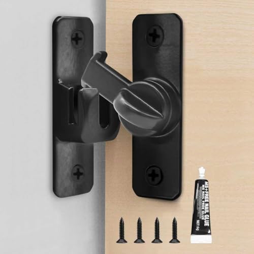 No Drill Barn Door Lock – 90/180 Degree Flip Latch for Sliding Doors, Child & Pet Safety, Easy Installation with Adhesive Pad, Heavy Duty Zinc Alloy (Black) ﻿