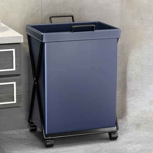 WQZzjm Cesto para la Ropa Sucia con Ruedas, con Ruedas, de Piel sintética y Estructura metálica, fácil de Mover y Plegable para Ahorrar Espacio (Azul)