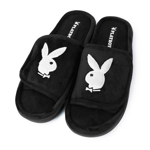 Playboy unisex-adult Adjustable Cozy Plush Velour Memory Foam Indoor Outdoor Soled Slipper in Sizes S-xl
