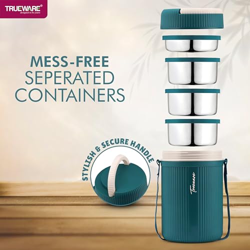 Image of Trueware GRUB 4 Double Wall Insulated Hot Lunch Box with 3 SS Container 300 ML Each & 1 SS Container 200ML | Bpa Free | Food Grade | Hot and Fresh Ma (LBI-GRB-004-Blue BAZ)