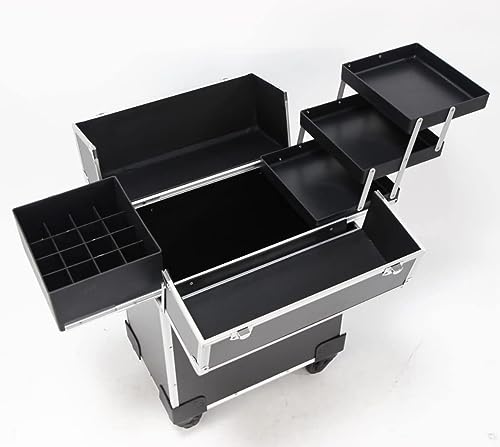 Image of Adson Multifunctional Professional Beauty Makeup Artist Rolling Cosmetic Aluminium Vanity Trolley Beauty Train case Makeup Cosmetic Trolley Hairstylist Travel Organizer (Carbon channal Diamond Black)