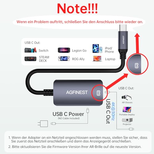 USB C zu AR-Brille mit Ladeadapter, Type C zu Monitor und Lade-Konverter 100W PD, 4K@60Hz Kompatibel für iPhone 15/16 Viture/Rokid/Xreal AR-Brille (Dual USB C)