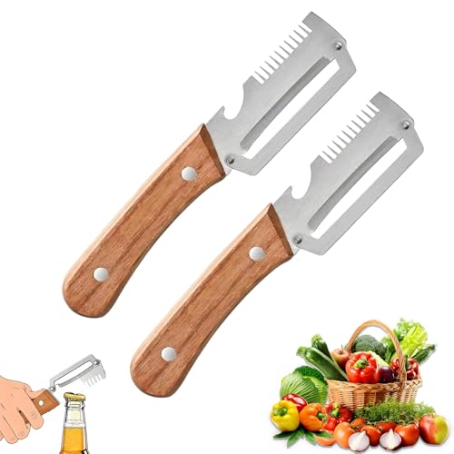 2 Pack Multifunctional Vegetable Peeler 3-in-1 Peelers For Kitchen with Bottle Opener Sharp Stainless Steel Swivel Blade Wooden Handle For Vegetables or Fruits that Need to Be Peeled
