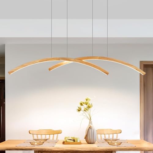 Lustre de table à manger LED en arc bois avec télécommande pour salon - 3