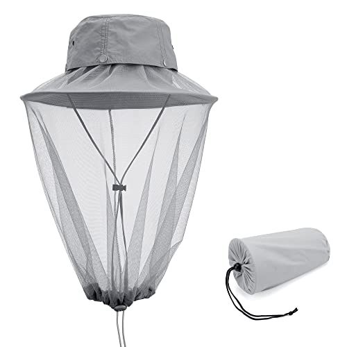 Mosquito Head Net Hat with Hidden Net Mesh for Outdoor Lover Hiking Fishing Beekeeping Gardening Men or Women (Grey)