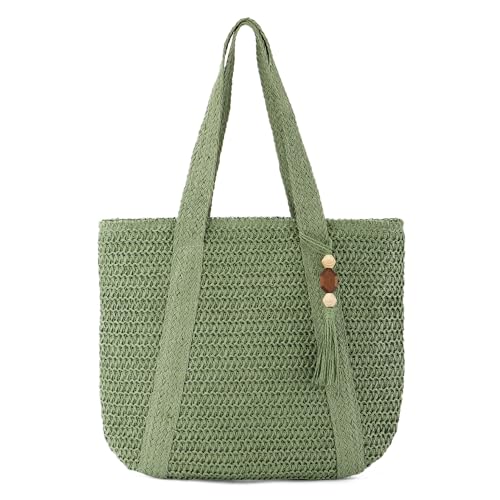 Syrads Bolso de playa de paja para mujer Bolso de mano tejido de verano Bolso de hombro Bolsos boho Hobo,Verde