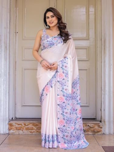 Image of ALMAARI FASHION Women's Floral Printed Georgette Satin Saree with Unstitched Blouse Piece | Traditional Ethnic Wear Sarees | Soft Lightweight Ethnic Office Wear Daily Wear Indian Sari (SG 181-190 SH)