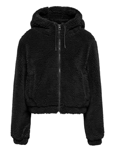 JdY JDYMila - Chaqueta con capucha para mujer de peluche con cremallera, Negro , XS