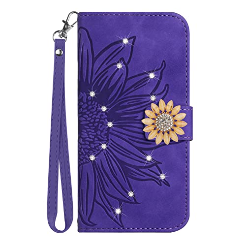 Étui portefeuille Samsung A32 5G housse cuir violette antichoc rabat tournesol scintillant