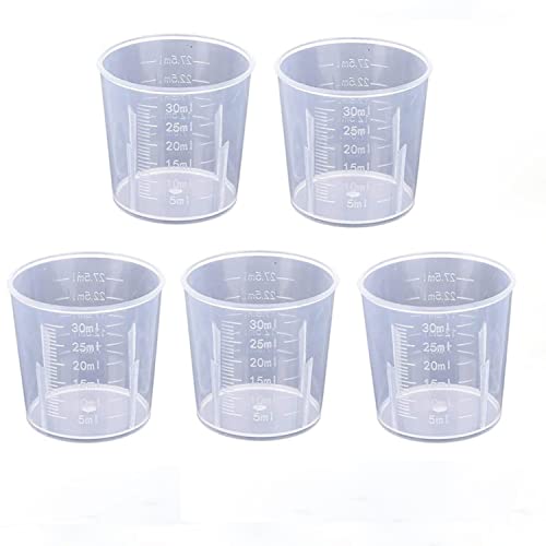 Kleiner Messbecher 30ml Kunststoff Mini Messbecher Klein 5 Stück Transparent kleine Präzisionsmessbecher mit Skala Mini Meßbecher Dosierhilfe für Waschmittel Küche Labor Kochen Measuring cups