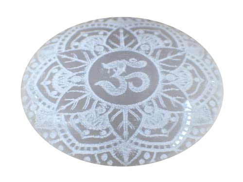 Image of Amazing Gemstone Selenite Palm Stone - OM Engraved Hot Massage Worry Stone for Natural Body Chakra Balancing, Reiki Healing and Crystal Grid