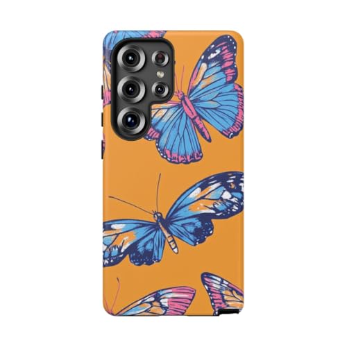 Coque Samsung S25 Ultra rigide papillons bleus roses fond orange mate