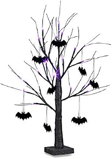 EAMBRITE 2FT Black Halloween Tree with Bats Purple Lights Battery Operated Spooky Decorations Indoor Small Twig Tree Gifts for Kids