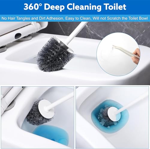 Image of Vasukie Silicone Toilet Brush and Holder Set, with a Extra Crevice Cleaning Brush Deep Cleaning Toilet Bowl Brush for Bathroom Toilet Brushes for Bathroom Wall Mounted Water Drop (4IN1 White)