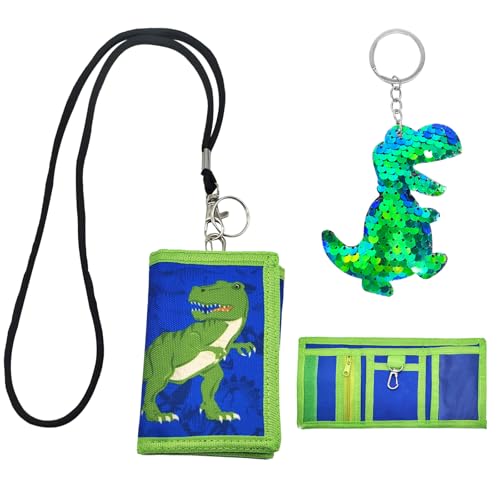SwirlColor Kinder Geldbörsen für Jungen, Neuheit Hals Tasche Kinder Geldbörse Dreifach mit Münze Pocket Card Halter Lanyard Geschenke (Grüner Dinosaurier)