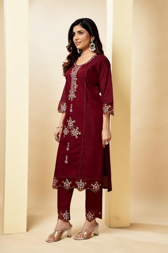 Image of Multi Embroid Kurta Set with Dupatta | Roman Silk Embroidered Kurta Set for Women | Women's Ethnic Casual Kurti Set |Kurta Pant Festive Suit