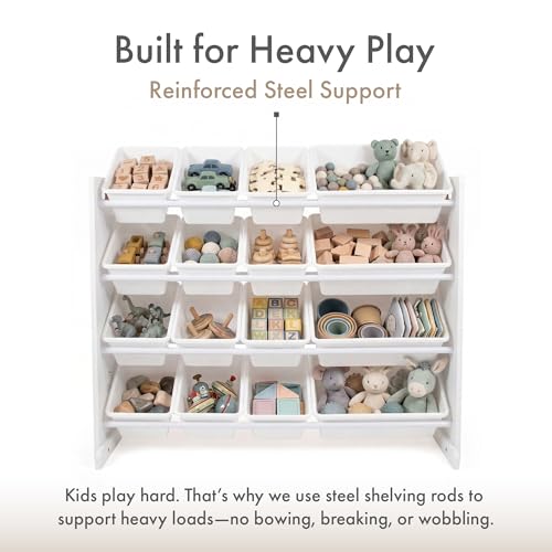 Image of Humble Crew Toy Storage Organizer with 16 Removable Storage Bins for Kids Playroom, 4-Tier Toddler Toy Organization and Storage, White /White
