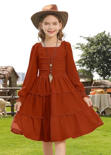 HOZIY Girls Long Sleeve Dress Ruched Smocked Tiered Ruffle A-Line Casual Boho Teen Dresses with Pocket Size 6-16 Years