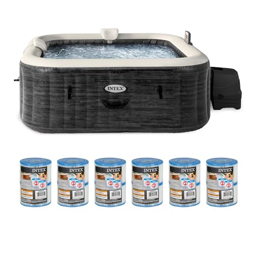 Intex PureSpa Plus Greystone Inflatable Square Outdoor Hot Tub Spa, 94 x 28 Bundled with Type S1 Easy Set Spa Filter Replacement Cartridge, (12 Pack)